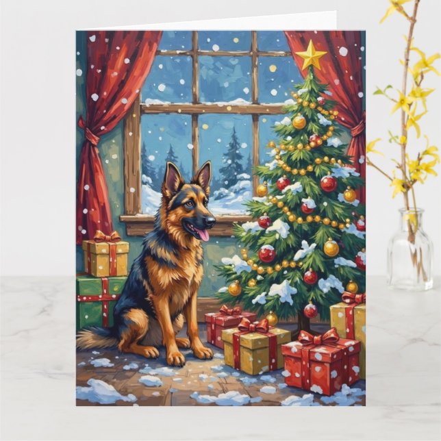 Cartão German Shepherd Christmas Under The Tree (Flor Amarela)