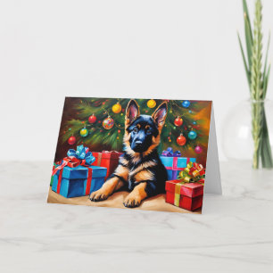 Cartão German shepherd com Árvore de Natal e Presentes