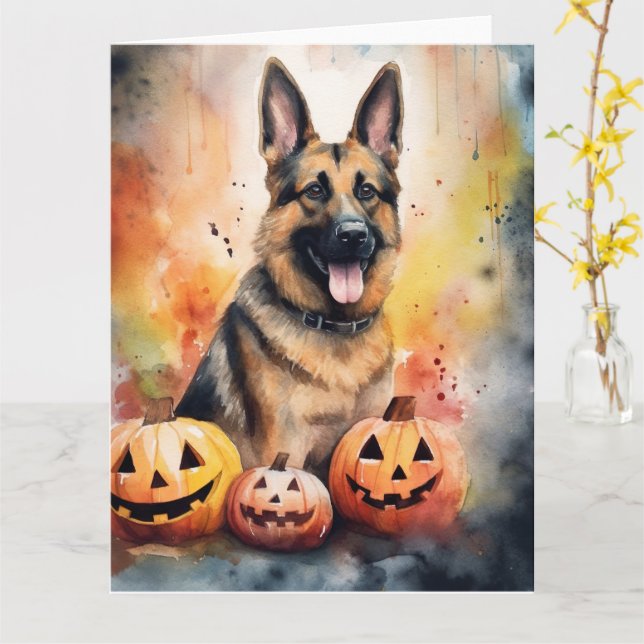 Cartão German shepherd De Halloween Com Abóboras Assustad (Flor Amarela)