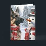 Cartão German shepherd De Natal Com Snowman<br><div class="desc">Um German shepherd que veste um lenço vermelho e branco se posiciona ao lado de um boneco de neve e um chapéu de cima em meio a uma paisagem de neve Texto pode ser mudado.</div>