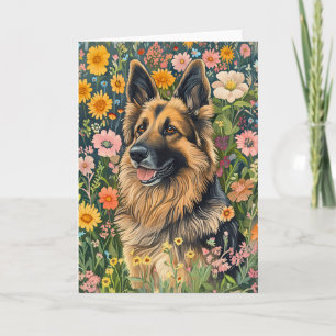 Cartão German shepherd de trigo em jardim de flores