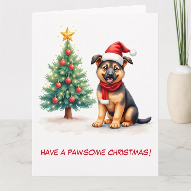 Cartão German shepherd e árvore de Natal ilustrados (Frente)