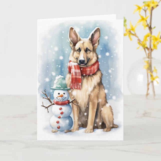Cartão German shepherd em um Chapéu de Natal com Snowman (Flor Amarela)