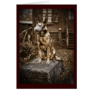 Cartão German shepherd na máscara de gás