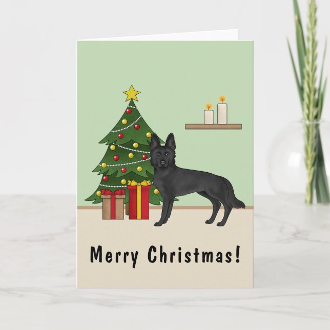 Cartão German shepherd Preto E Árvore De Natal Festiva (Frente)