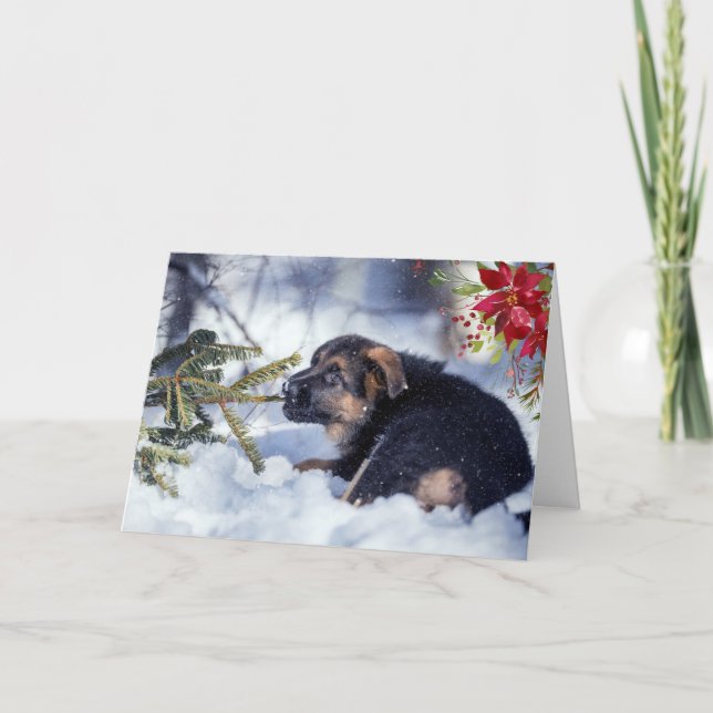 Cartão German shepherd Puppy com Watercolor Poinsettia (Frente)