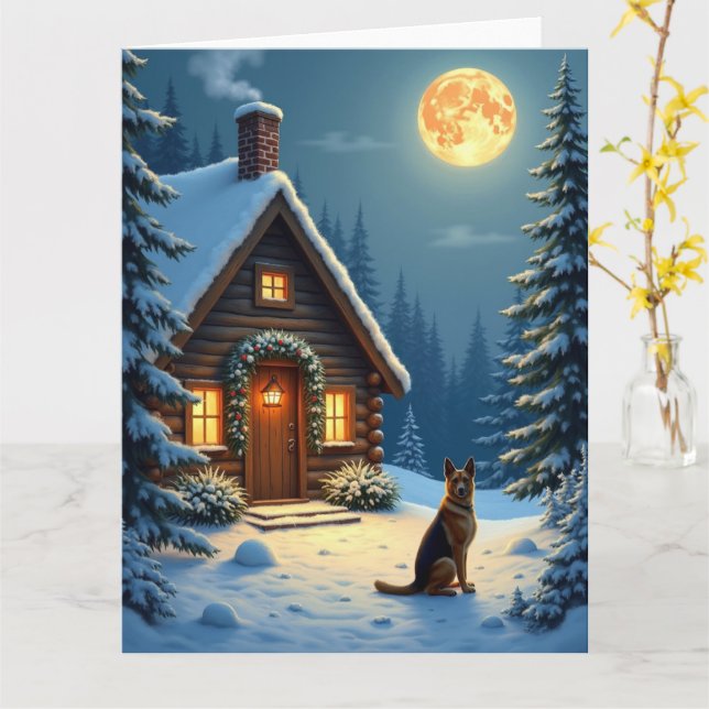 Cartão German Shepherd Snowy Forest Cabin Christmas Paint (Flor Amarela)