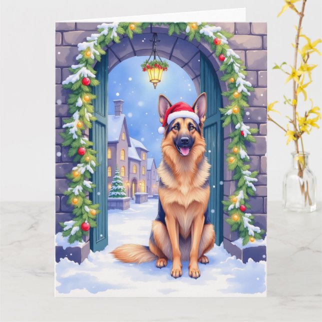 Cartão German Shepherd Snowy Town Gate Santa Christmas (Flor Amarela)