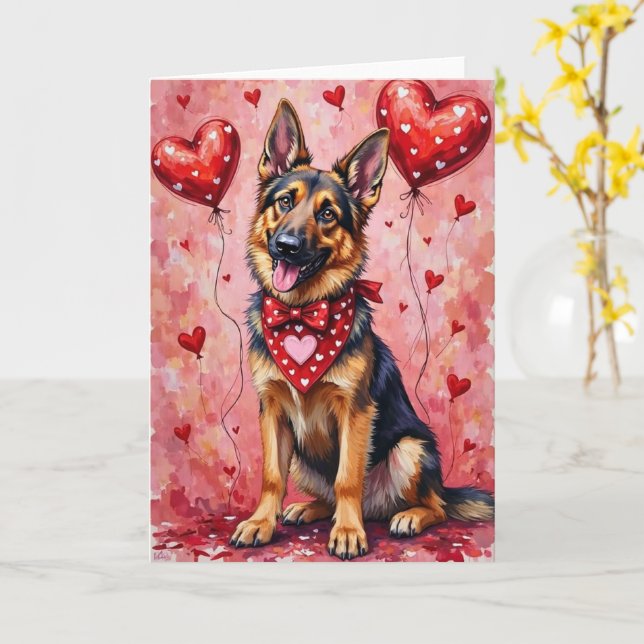 Cartão German Shepherd Valentine’s Day Dog with Hearts (Flor Amarela)