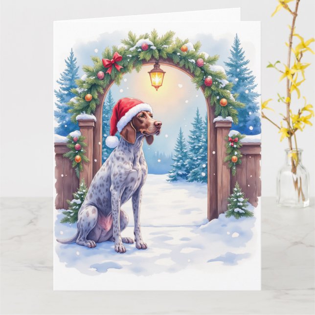 Cartão German Shorthaired Pointer Snowy Gate Santa Hat (Flor Amarela)