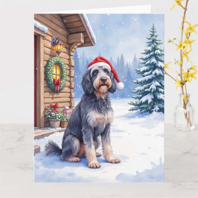 Cartão German Wirehaired Pointer Snowy Lodge Santa Hat (Flor Amarela)