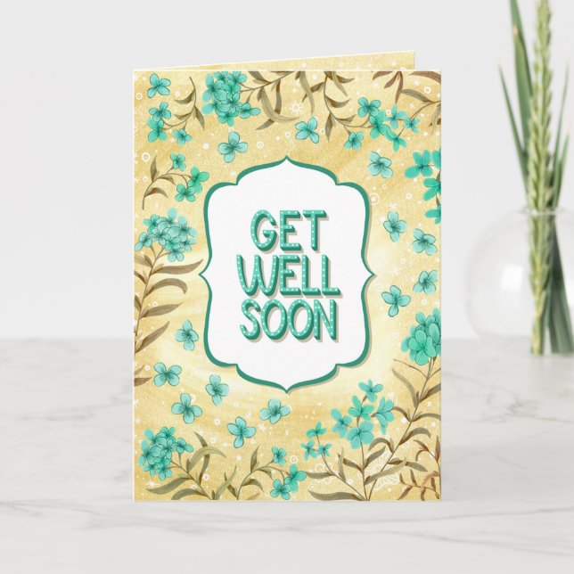 Cartão Get Well Soon Floral Yellow Teal Card (Frente)