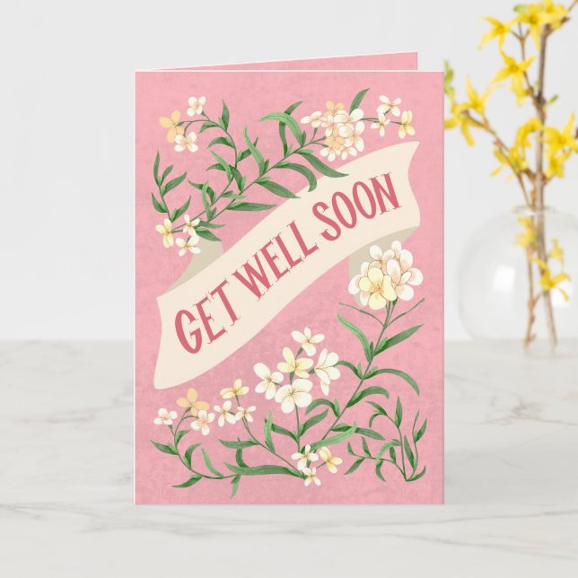 Cartão Get Well Soon Pink Soft Pastel Floral Banner (Flor Amarela)