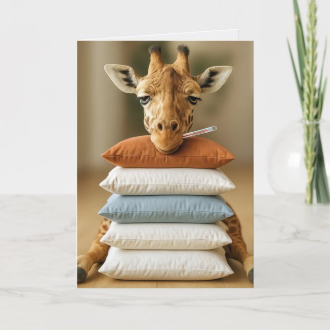 Cartão Get Well Soon Sick Giraffe On Bed Pillows (Frente)