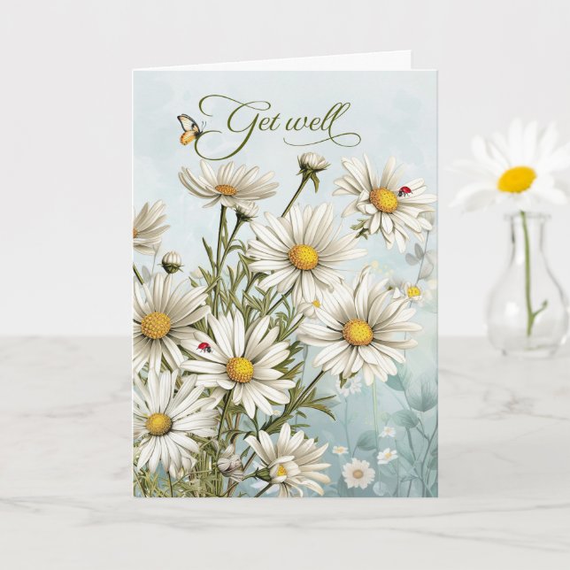 Cartão Get Well White Daisy Garden with Butterflies (Planta pequena)