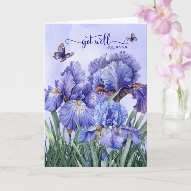 Cartão Get Well with a Purple Iris Garden and Butterflies (Orquídea)