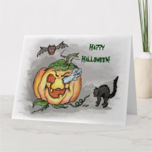 Cartão Ghost Bat e Cat Happy Halloween
