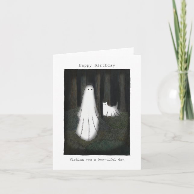 Cartão Ghost e Ghost cat Feliz Parabéns (Frente)