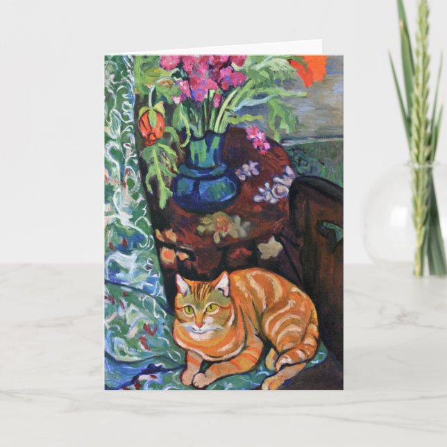 Cartão Ginger Cat Bouquet Flowers Fine Art Valadon (Frente)