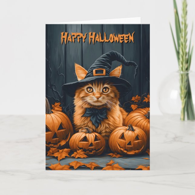 Cartão Ginger Cat com Pumpkins Halloween (Frente)