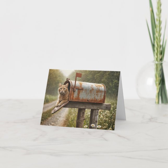 Cartão Ginger Cat em uma caixa de correio (Frente)