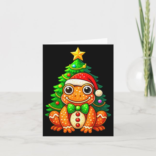 Cartão Gingerbread Frog Wearing Santa Hat Christmas Tree  (Frente)