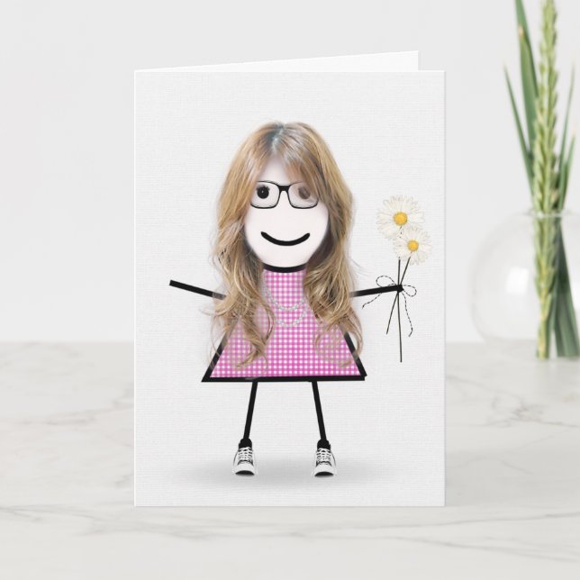 Cartão Gingham Birthday Stick Girl With Daisies (Frente)