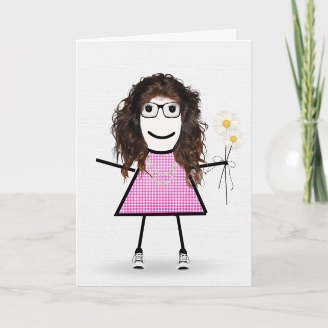 Cartão Gingham Birthday Stick Girl With Daisies (Frente)