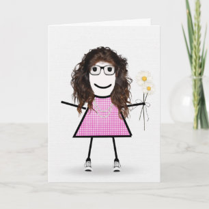 Cartão Gingham Birthday Stick Girl With Daisies