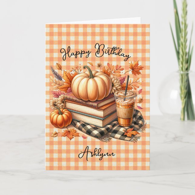 Cartão Gingham Books e Orange Pumpkin Spice Aniversário (Frente)