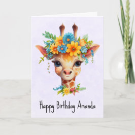 Cartão Girafa Bonita com Coroa Floral de Aniversário