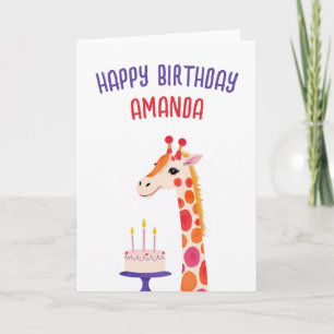 Cartão Girafa de Aquarela com Bolo e Coroa de Aniversário