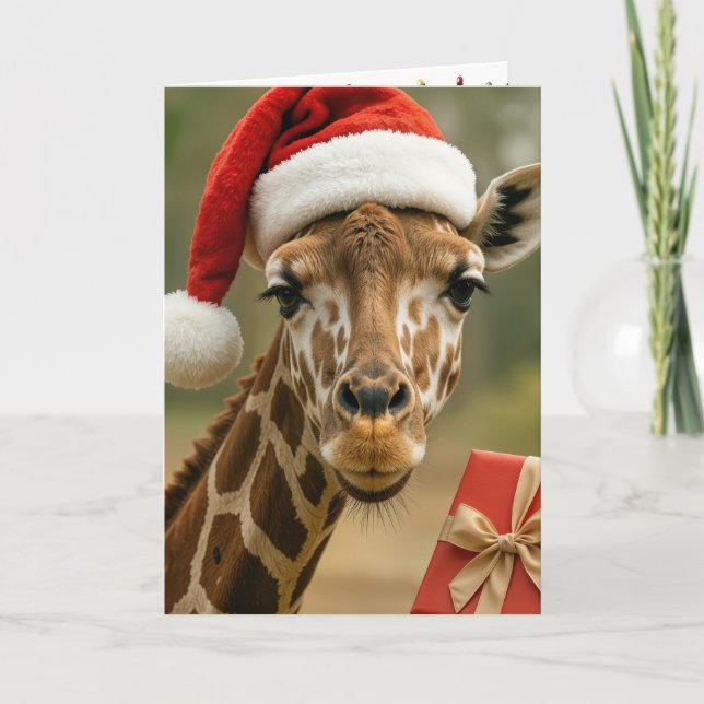 Cartão Girafa de Natal com Presente de Feriado (Frente)