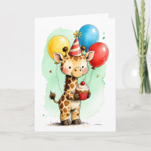 Cartão Girafa Fofa com Bolo de Aniversário Infantil Feliz