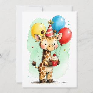 Cartão Girafa Fofa e Bolo de Aniversário Infantil Flat