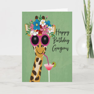 Cartão Girafa Linda de Aniversário com Flores e Óculos de