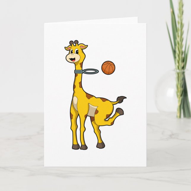 Cartão Girafa no Basquetebol com aro de basquete (Frente)