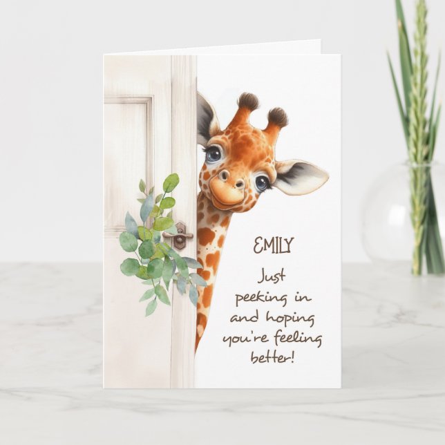 Cartão Girafa Sente-se Melhor Espiando Atrás da Porta (Frente)