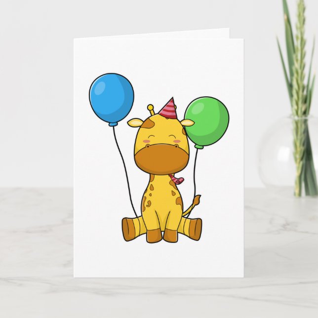 Cartão Giraffe at Birthday with Balloons (Frente)