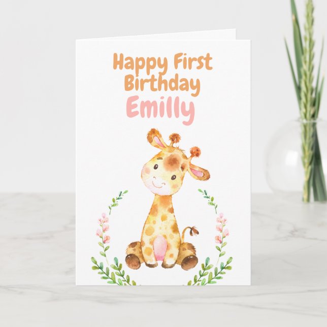 Cartão Giraffe Safari Baby Happy 1st Birthday Card (Frente)