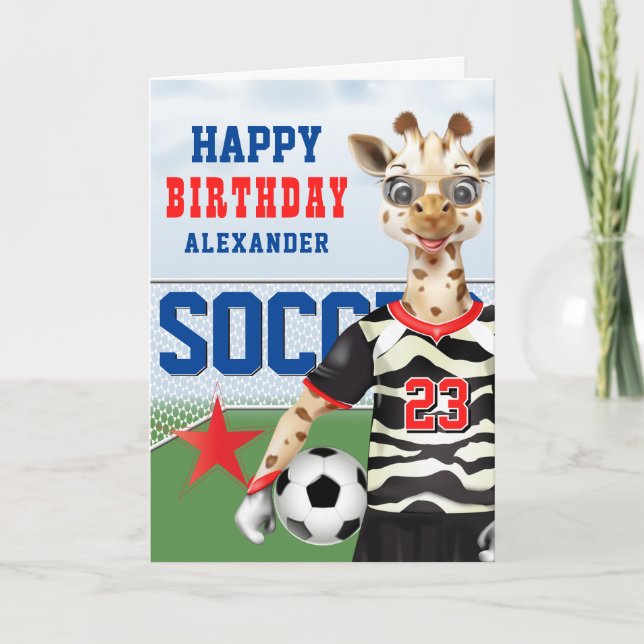 Cartão Giraffe Soccer Player Kids Birthday (Frente)
