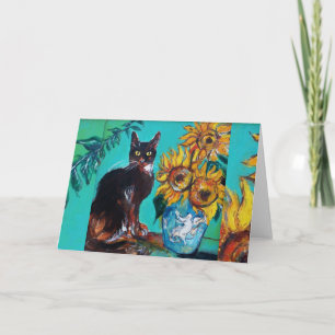 CARTÃO GIRASSÓIS COM GATO PRETO EM TURQUESA AZUL
