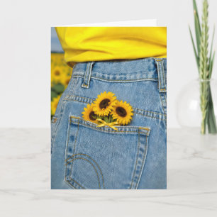 Cartão Girassóis de Aniversário em Bolso de Jeans Azul