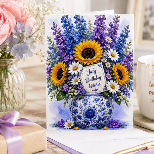 Cartão Girassóis em Aquarela & Floral Azul Aniversário de