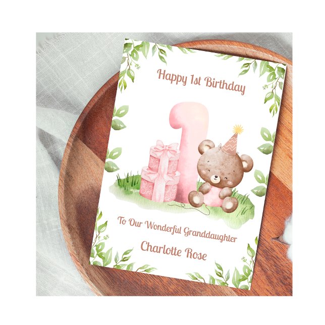 Cartão Girl 1st Birthday Greenery Teddy Bear Card (Criador carregado)