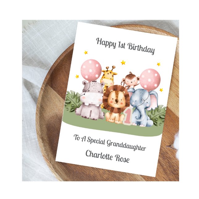 Cartão Girl 1st Birthday Safari Leaf Animals Card (Criador carregado)