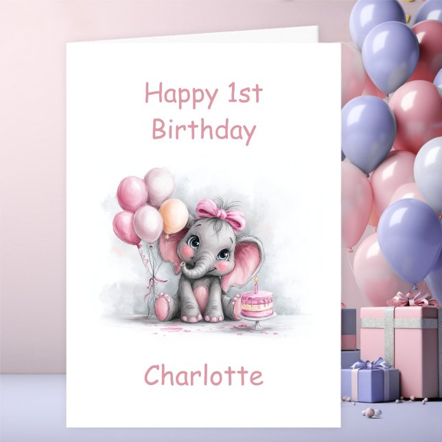 Cartão Girl Baby Elephant 1st Birthday (Criador carregado)