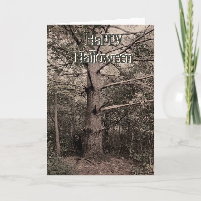 Cartão Girl behind tree halloween card (Frente)