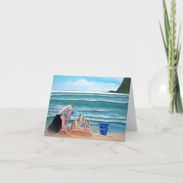 Cartão Girl building sand castle at the beach note cards (Frente)