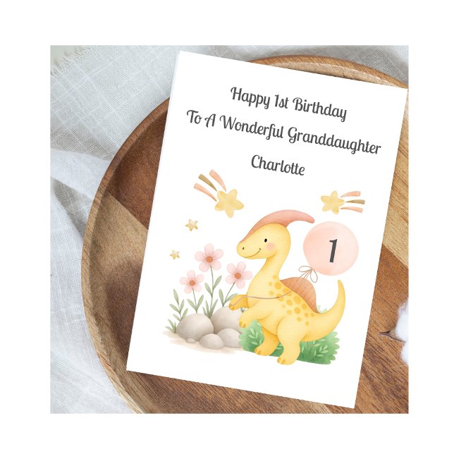 Cartão Girl First Birthday Pink Yellow Dinosaur Card (Criador carregado)
